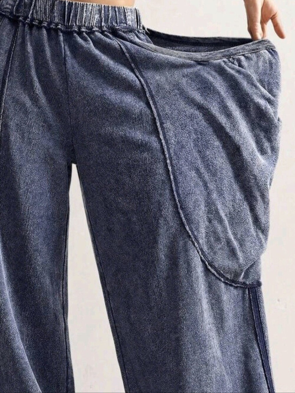 Draped Wide-Leg Boho Pants in Washed Plested Blue Elastic Plus Size XL Casual - Picture 2 of 7